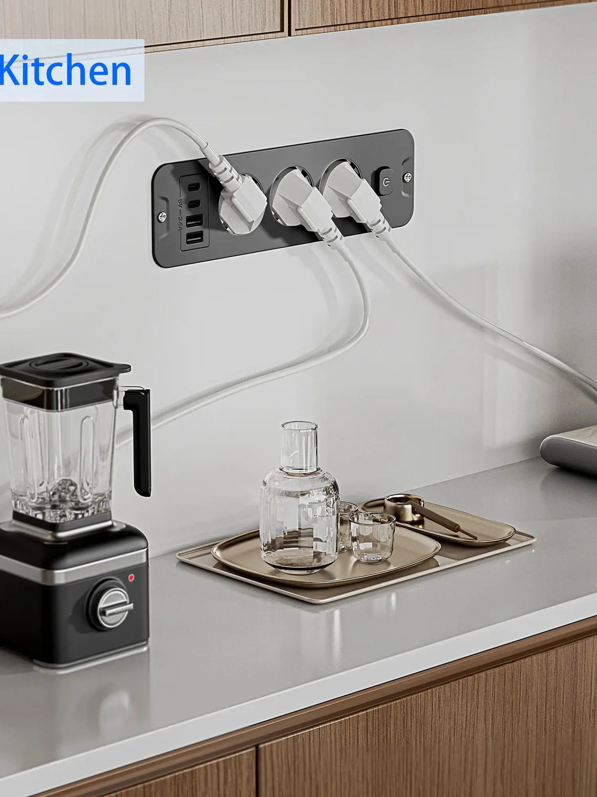 European standard 7-in-1 installable embedded power strip with 2 USB-A, 2 USB-C, 3 AC power sockets, 2-meter extension power cor