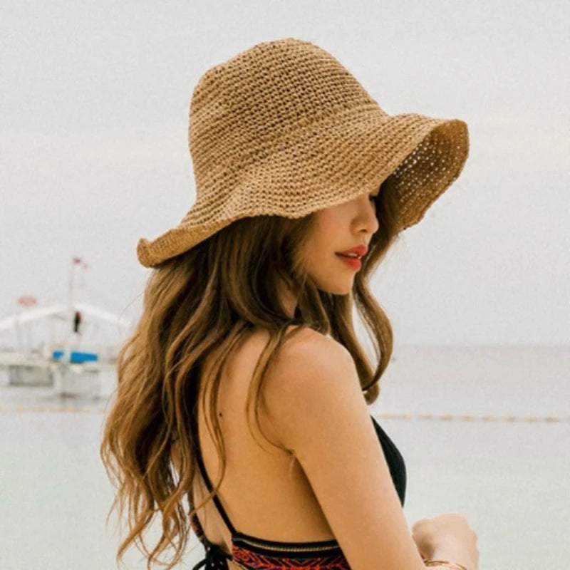 Sombrero de paja coreano para playa, visera de verano para mujer, sombrero de pescador, tejido a mano, sombrero Panamá, sombrero de sol para chica.