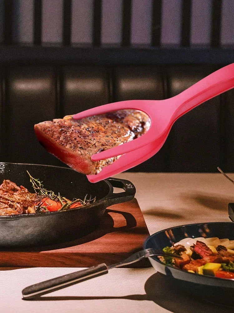 Pinzas volteadoras de nailon 2 en 1 con espátula para huevos y pinza para carne, accesorios de cocina para voltear panqueques y alimentos fritos