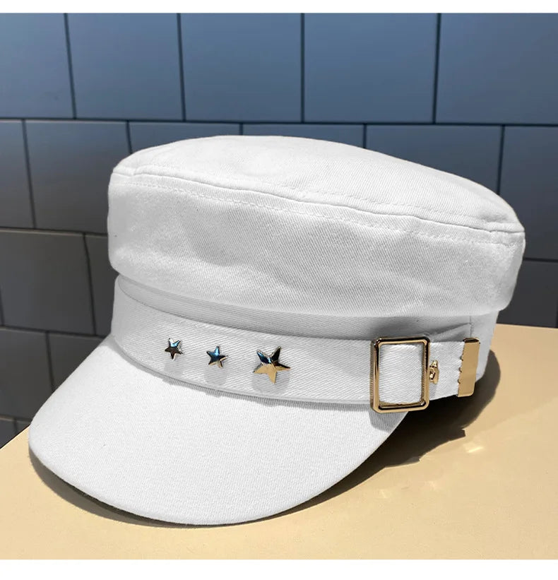 Boina feminina preta com estrela, chapéu de outono e inverno, estilo retrô britânico, moda nova, estilo militar marítimo, boné coreano, chapéu para mães.
