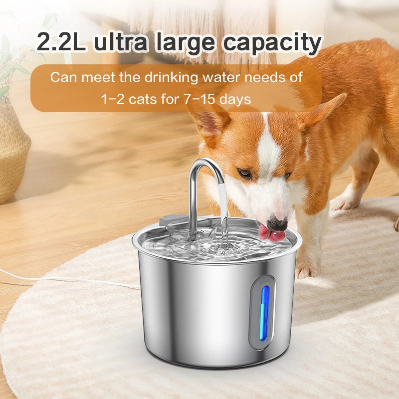 Dispensador de agua para mascotas de acero inoxidable de 2,2 L, fuente automática con bomba de agua silenciosa USB, dispensador de agua + juego de filtros para gatos