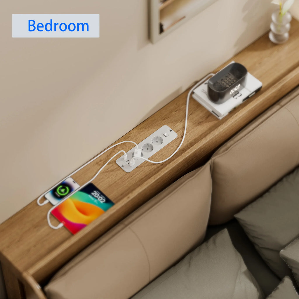 European standard 7-in-1 installable embedded power strip with 2 USB-A, 2 USB-C, 3 AC power sockets, 2-meter extension power cor