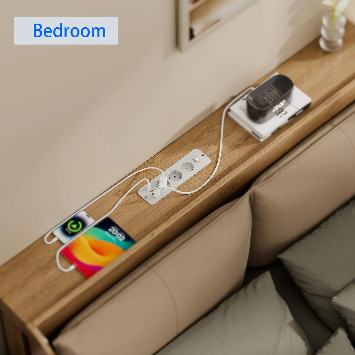 European standard 7-in-1 installable embedded power strip with 2 USB-A, 2 USB-C, 3 AC power sockets, 2-meter extension power cor