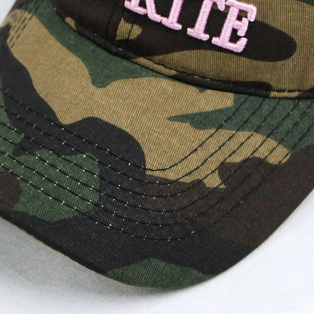 Gorra de béisbol con bordado de letras retro, estilo camuflaje táctico de selva, gorra de visera ajustable para mujer, de circunferencia grande y protección solar