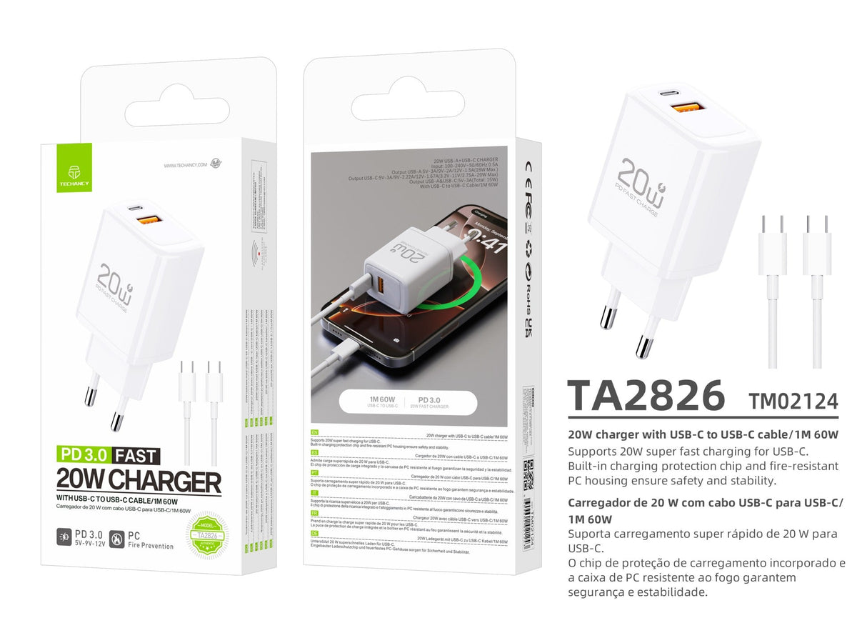 Techancy Cargador Rápido 20W PD3.0 Doble Puerto USB-C+USB-A Cable 1m 60W Para iPhone/Samsung/Tablet Seguro y Duradero