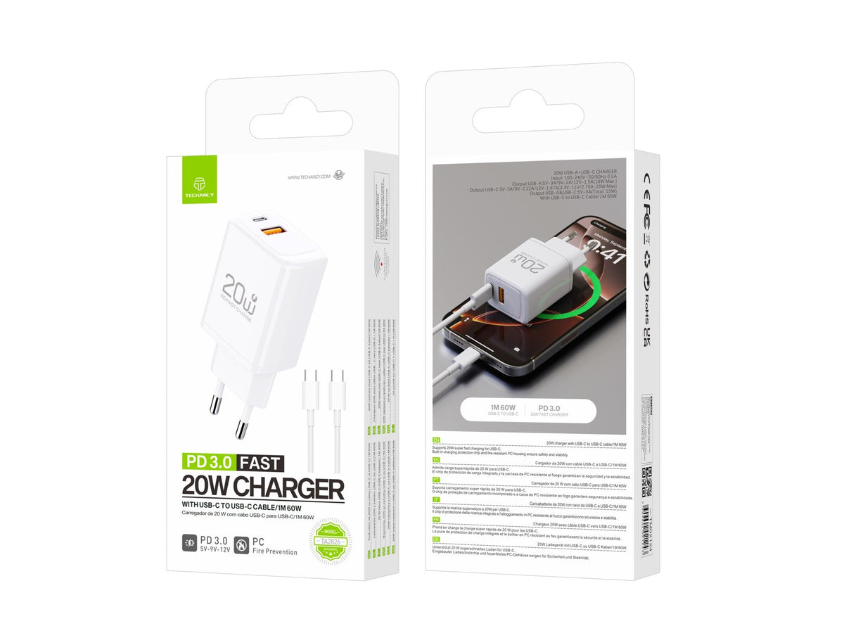 Techancy Cargador Rápido 20W PD3.0 Doble Puerto USB-C+USB-A Cable 1m 60W Para iPhone/Samsung/Tablet Seguro y Duradero