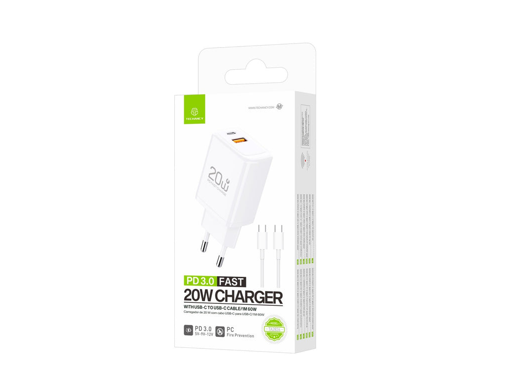 Techancy Cargador Rápido 20W PD3.0 Doble Puerto USB-C+USB-A Cable 1m 60W Para iPhone/Samsung/Tablet Seguro y Duradero