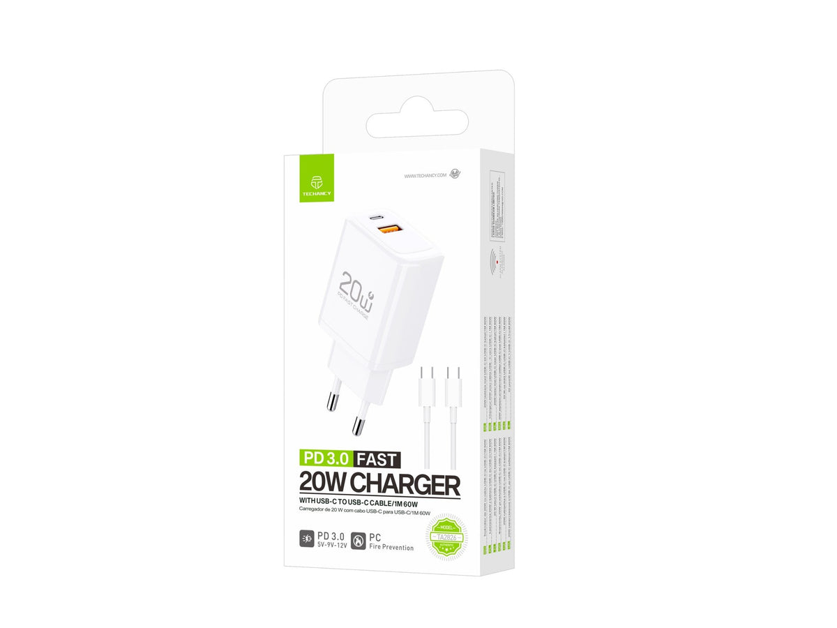 Techancy Cargador Rápido 20W PD3.0 Doble Puerto USB-C+USB-A Cable 1m 60W Para iPhone/Samsung/Tablet Seguro y Duradero